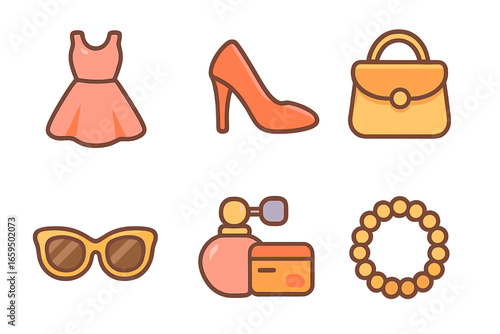 Children's Fashion Icons. Flat vector mini-illustrations fashion boutique shopping in colors children's