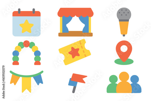Children's Event Icons. Flat vector mini-illustrations event promotion in colors children's illustrations:
