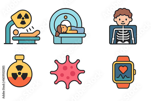 Medical Imaging Icons. Flat vector mini-illustrations nucleus in nuclear medicine in colors children's illustrations: radiation