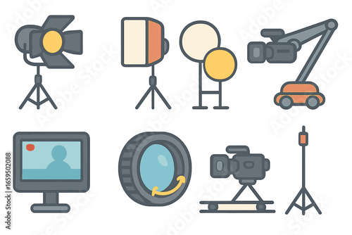 Children's Film Set Icons. Flat vector mini-illustrations film set lighting and angles in colors children's