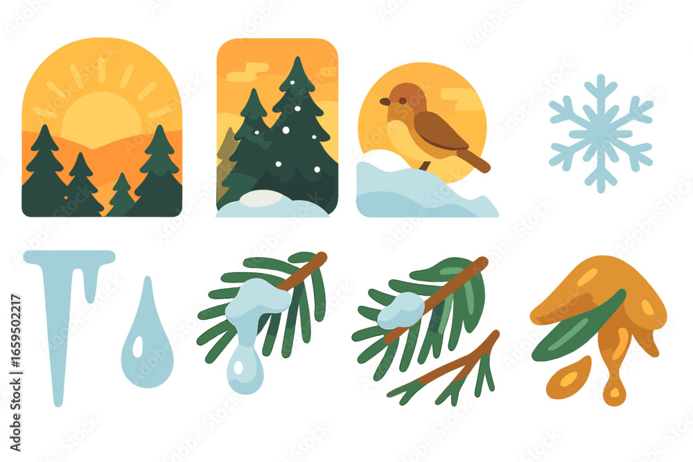 Naklejka premium Sunrise and Icicles. Flat vector mini-illustrations Sunrise over snowy pines in colors children's illustrations: rising sun,