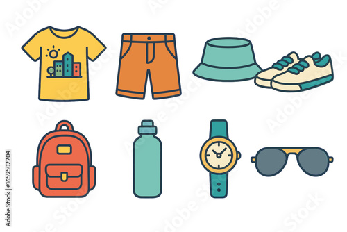 Summer Kids Style Icons. Flat vector mini-illustrations casual city summer in colors children's illustrations: graphic tee, chino