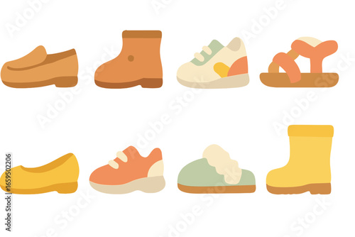 Children's Footwear Icons. Flat vector mini-illustrations Minimalist footwear collection in colors children's