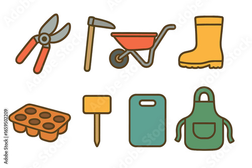Children's Gardening Tools Icons. Flat vector mini-illustrations essential gardening tools in colors