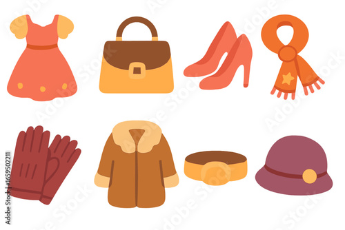 Children's Fashion Icons. Flat vector mini-illustrations exclusive fashion in colors children's illustrations: designer dress,