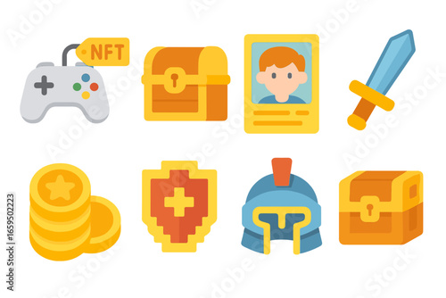 Children's Gaming Icons. Flat vector mini-illustrations NFT gaming assets in colors children's illustrations:
