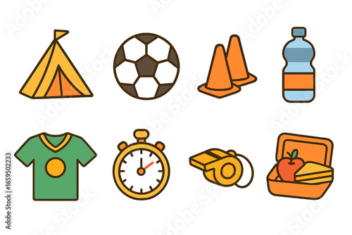 Children's Football Camp Icons. Flat vector mini-illustrations children’s football camps in colors children's