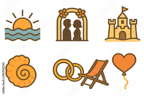 Sunrise Beach Icons. Flat vector mini-illustrations sunrise beach ceremony in colors children's illustrations: rising sun, couple