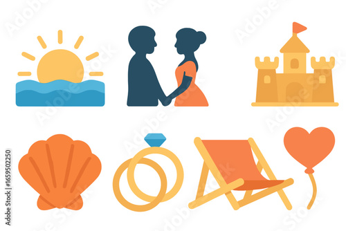 Sunrise Beach Icons. Flat vector mini-illustrations sunrise beach ceremony in colors children's illustrations: rising sun, couple