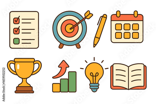 Children's Goal Icons. Flat vector mini-illustrations Goal setting for success in colors children's