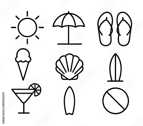 Beach icon set: sun, umbrella, flip flops, ice cream, shell, surfboard, cocktail