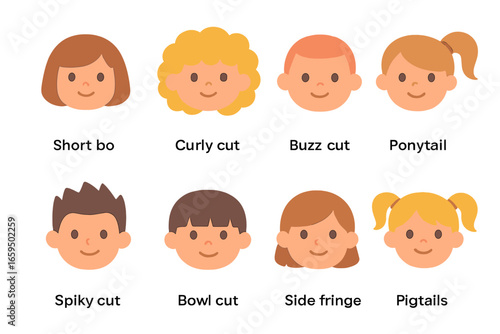 Children's Haircut Icons. Flat vector mini-illustrations haircut styles in colors children's illustrations: short bob, curly cut,