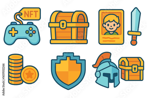 Children's Gaming Icons. Flat vector mini-illustrations NFT gaming assets in colors children's illustrations: