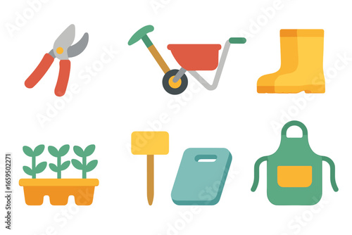 Children's Gardening Tools Icons. Flat vector mini-illustrations essential gardening tools in colors