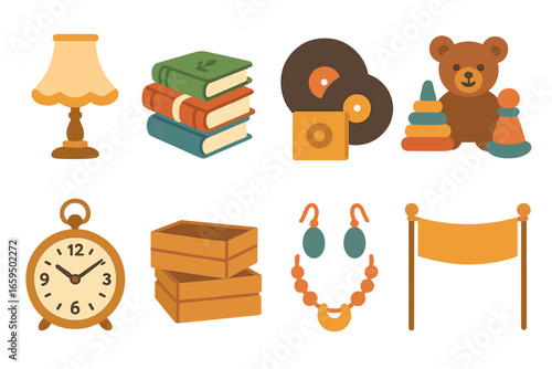 Children's Flea Market Icons. Flat vector mini-illustrations flea market in colors children's illustrations: vintage lamp, old