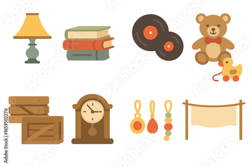 Children's Flea Market Icons. Flat vector mini-illustrations flea market in colors children's illustrations: vintage lamp, old