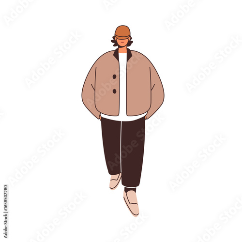 Young modern style man walking forward. Male going in fashion apparel, outfit...