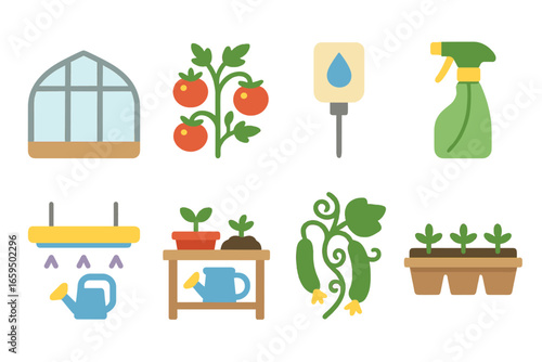 Children's Greenhouse Illustrations. Flat vector mini-illustrations Greenhouse growing in colors children's