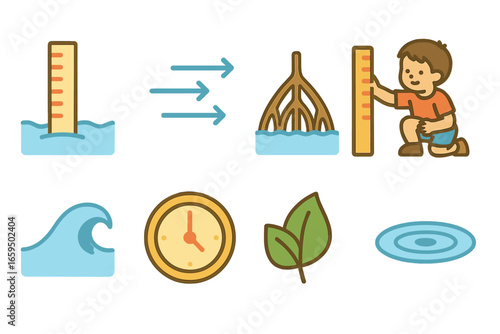 Tidal Pump Icons. Flat vector mini-illustrations tidal pump and water flow in colors children's illustrations: tide gauge, water