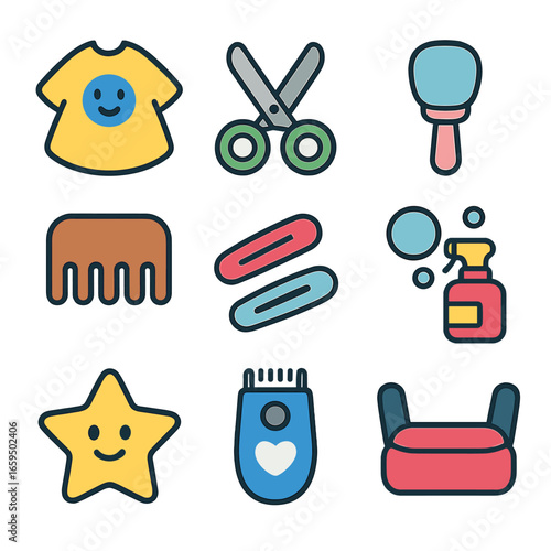 Children's Haircut Tools Icons. Solid, filled icons set of children’s haircut tools: cartoon cape, safety
