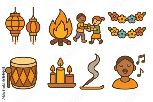 Children's Sacred Celebrations. Flat vector mini-illustrations sacred celebrations in colors children's illustrations: festival