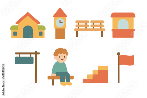 Toy Train Station. Flat vector mini-illustrations Toy train station scene in colors children's illustrations: station building,