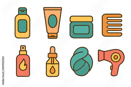 Children's Hair Care Icons. Flat vector mini-illustrations hair care rituals in colors children's