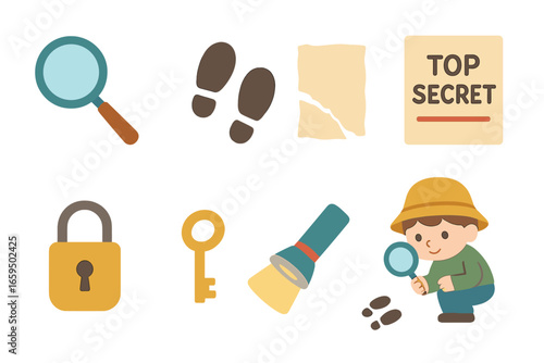 Mystery Investigation Icons. Flat vector mini-illustrations thriller clues in colors children's illustrations: magnifying glass,