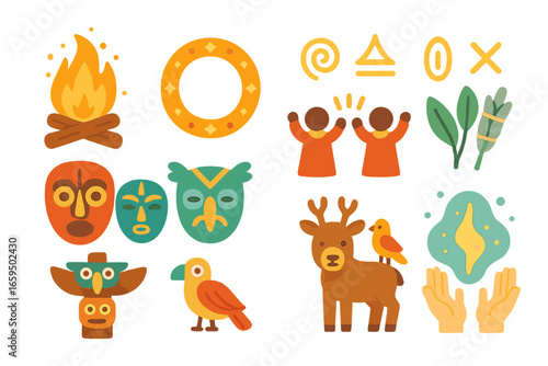 Mythic Magic Icons. Flat vector mini-illustrations mythic rituals in colors children's illustrations: ceremonial fire, magic