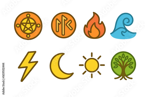 Mythic Symbols Grid. Flat vector mini-illustrations mythic symbols in colors children's illustrations: magic circle, ancient runes