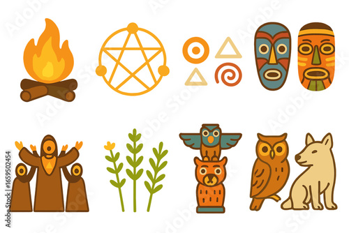 Mythic Magic Icons. Flat vector mini-illustrations mythic rituals in colors children's illustrations: ceremonial fire, magic