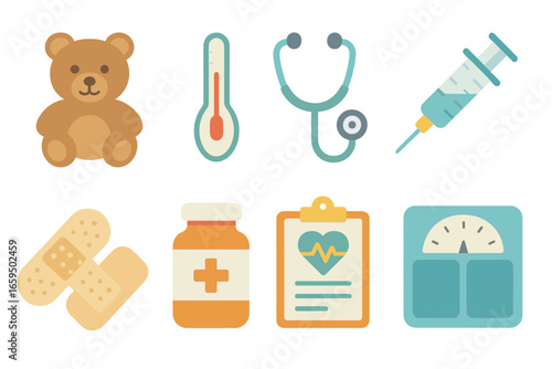 Children's Health Icons. Flat vector mini-illustrations children’s health checkup in colors children's