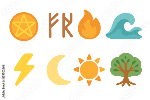 Mythic Symbols Grid. Flat vector mini-illustrations mythic symbols in colors children's illustrations: magic circle, ancient runes