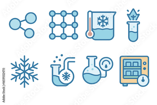 Children's Science Freezing Icons. Flat vector mini-illustrations freezing in science in colors children's illustrations: water