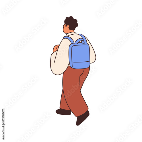 Boy going back to school. Kid carrying backpack, schoolbag, rear view from behind. Child pupil walking away, leaving. Cute elementary student. Flat vector illustration isolated on white background