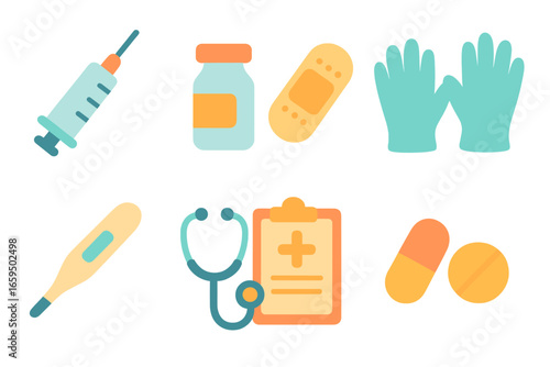 Children's Health Icons. Flat vector mini-illustrations vaccination checkup in colors children's illustrations