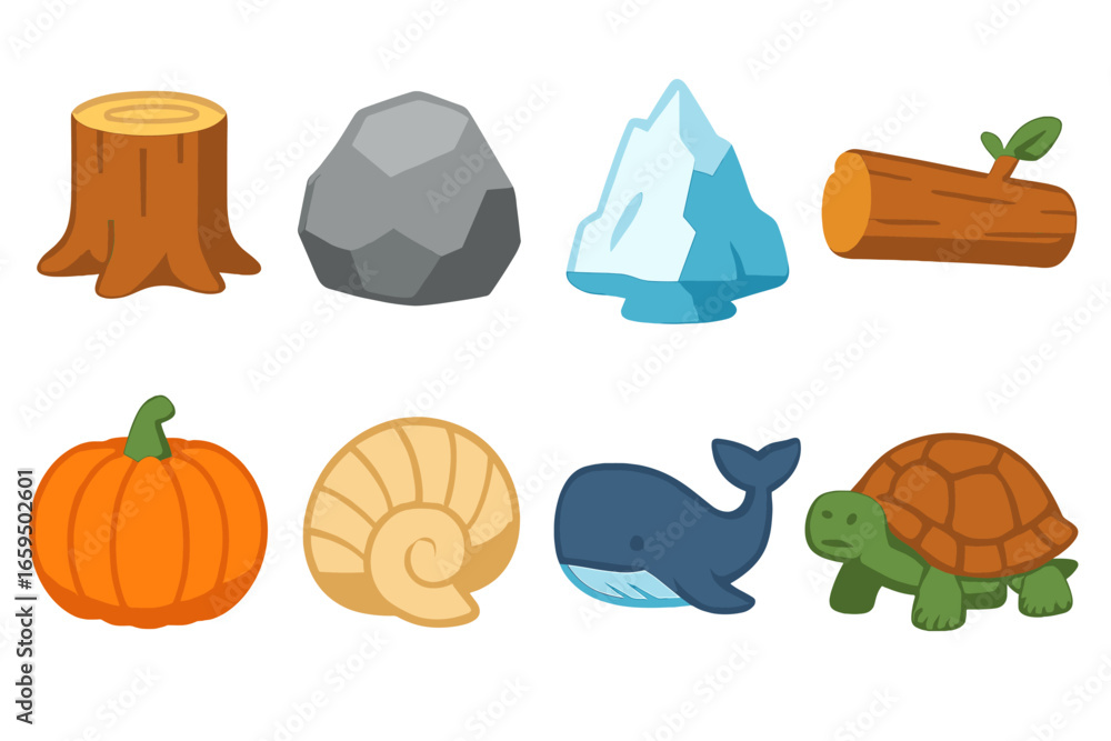 Fototapeta premium Nature Icons Grid. Flat vector mini-illustrations heavy natural objects in colors children's illustrations: tree trunk, giant rock