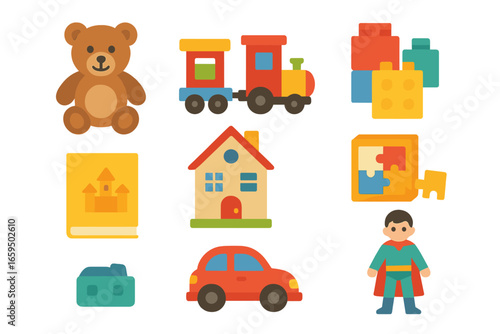 Children's Holiday Gifts. Flat vector mini-illustrations kids holiday gifts in colors children's illustrations