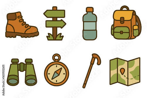 Children's Hiking Icons. Flat vector mini-illustrations Hiking in nature in colors children's illustrations: