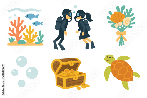 Underwater Wedding Adventure. Flat vector mini-illustrations underwater wedding elopement in colors children's illustrations: