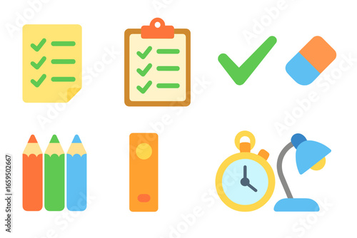 Children's Homework Icons. Flat vector mini-illustrations Daily homework tracker in colors children's