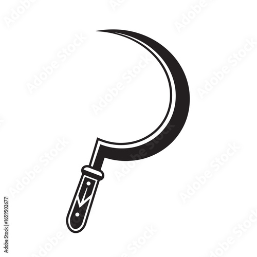 Black and white vector illustration of a simple sickle tool against a white background