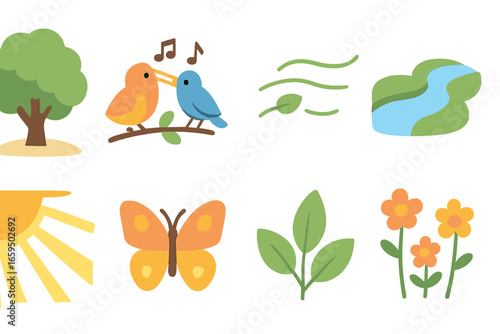 Nature's Calm Icons. Flat vector mini-illustrations nature relax in colors children's illustrations: tree shade, birds singing,