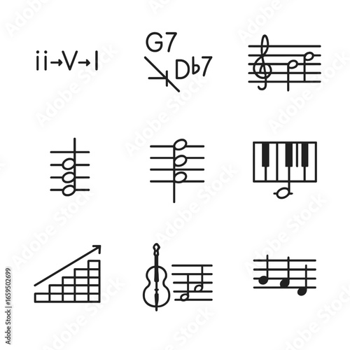 Jazz Chord Icon Set. Outline icon set of chord in jazz: ii-V-I, tritone substitution, jazz harmony, seventh chord, extended chord,