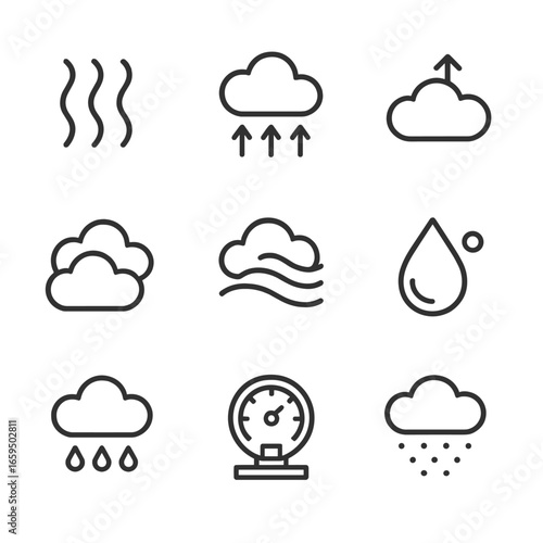 Cloud Physics Icons. Outline icon set of cloud physics and science: water vapor, condensation, cloud formation, cloud layers, air