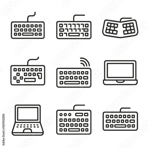Keyboard Icon Collection. Outline icon set of keyboard types: mechanical keyboard, membrane keyboard, ergonomic keyboard, gaming