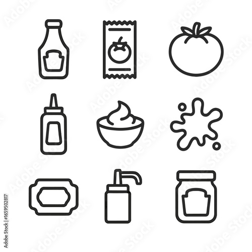 Ketchup Icons Collection. Outline icon set of ketchup products: ketchup bottle, ketchup packet, tomato, squeeze bottle, dipping