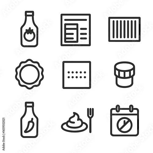 Ketchup Brand Icons. Outline icon set of ketchup brands and labels: logo, nutritional info, barcode, seal, batch number, cap
