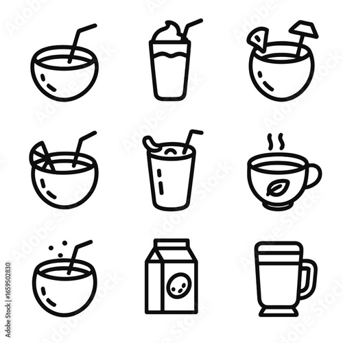 Coconut Drink Icons. Outline icon set of coconut beverages: coconut water, coconut milkshake, piña colada, coconut cocktail,