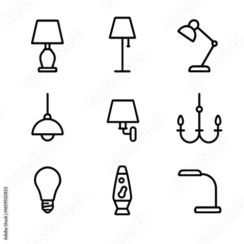 Lamp Icon Collection. Outline icon set of lamp types: table lamp, floor lamp, desk lamp, pendant lamp, wall sconce, chandelier,